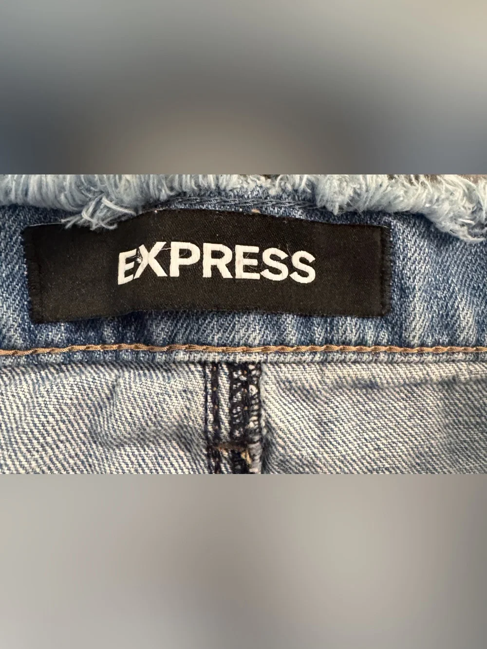 EXPRESS Straight Mini Jean Skirt Women Size 2 Blue Mid Rise Distressed Raw Hem